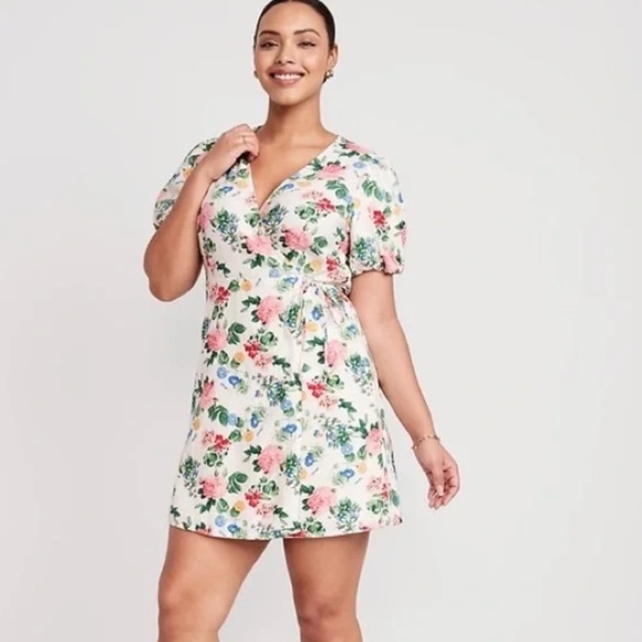 Floral Puff-Sleeve Mini Floral Cottage Peasant Picnic Summer Flower Wrap Dress - Picture 1 of 10